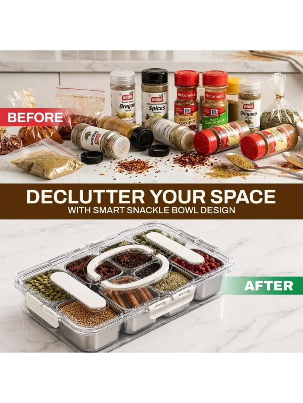 Stainless Steel Snack Organizer Box with Lid & Handle - 8 Compartment Tray for